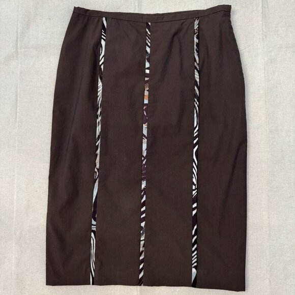 Doncaster Brown Lined Pencil Skirt Silk Trimmed Abstract Print Insets 6 - Picture 1 of 7